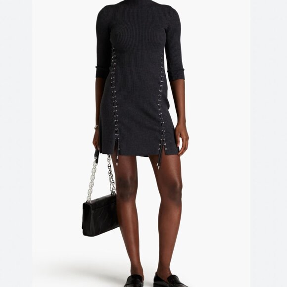 NWT Maje Roleana Knit Lattice Mini Dress In Grey